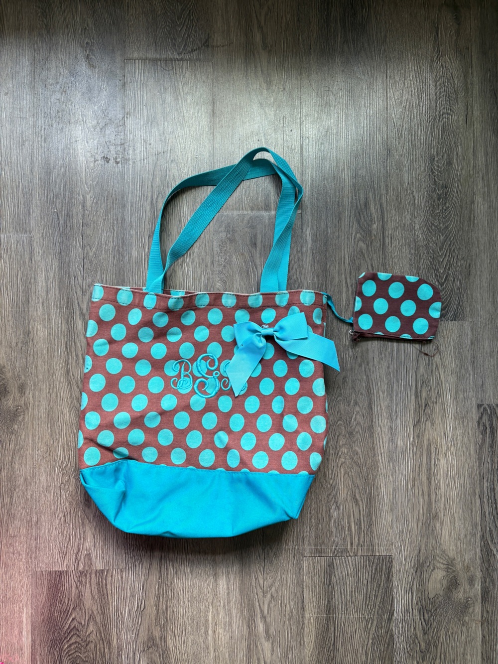 Vintage Brown and Blue Polka Dot Tote Bag with Matching Pouch